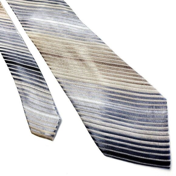 Calvin‎ Klein Grey Beige Silk Tie Woven Long Striped - Picture 1 of 6
